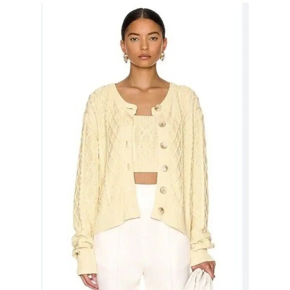 Lou Lou Studio Women's Scoop Neck Cable Knit Silk/Linen Cardigan Sweater Size M